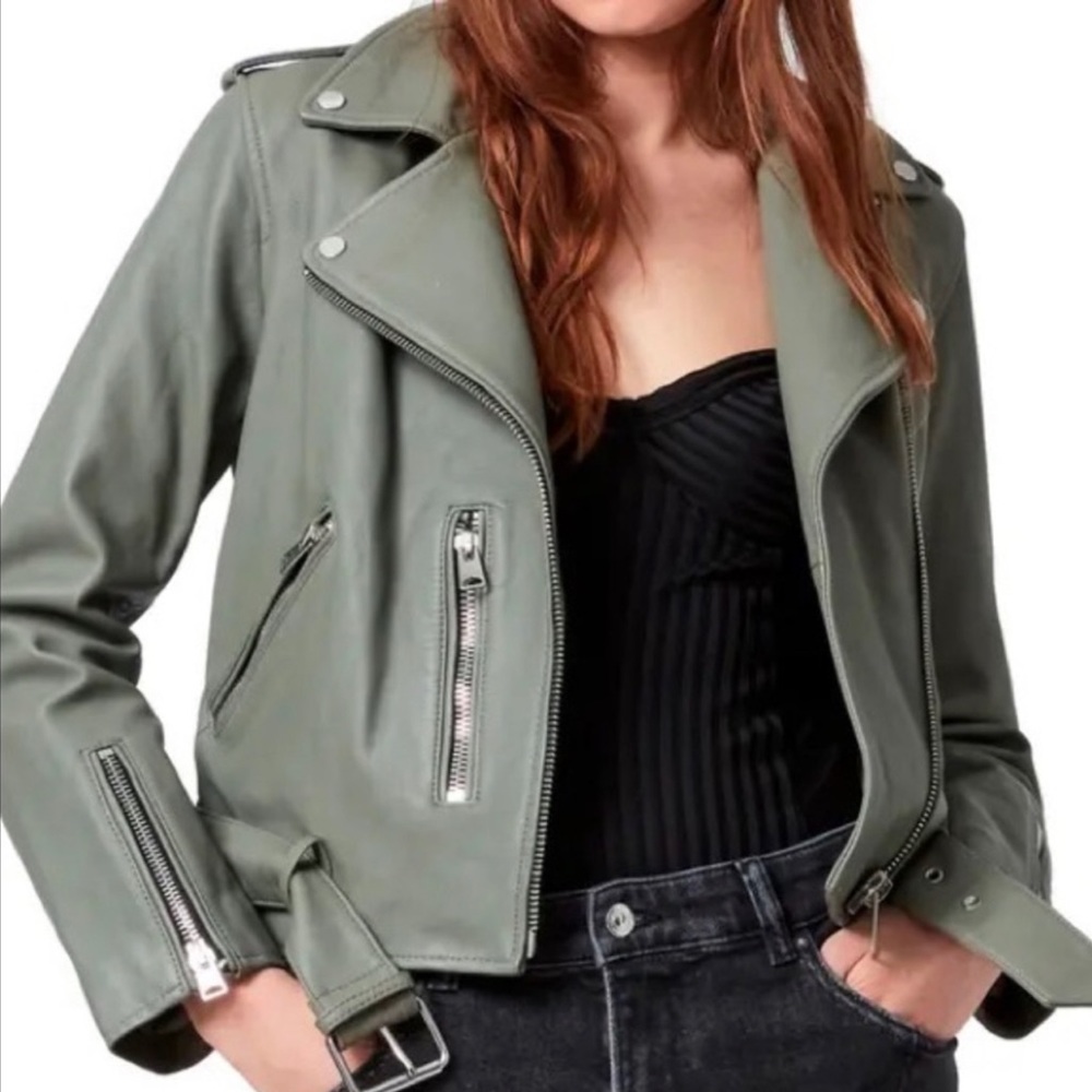 All Saints Balfern Leather Moto Biker Jacket Sage Green UK 4 US 0 Lamb Leather